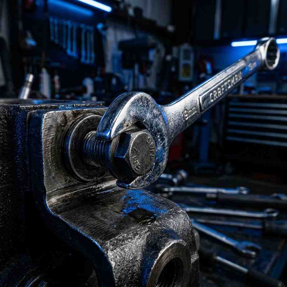 Macro close-up of a chrome wrench applying rotational force to a bolt
